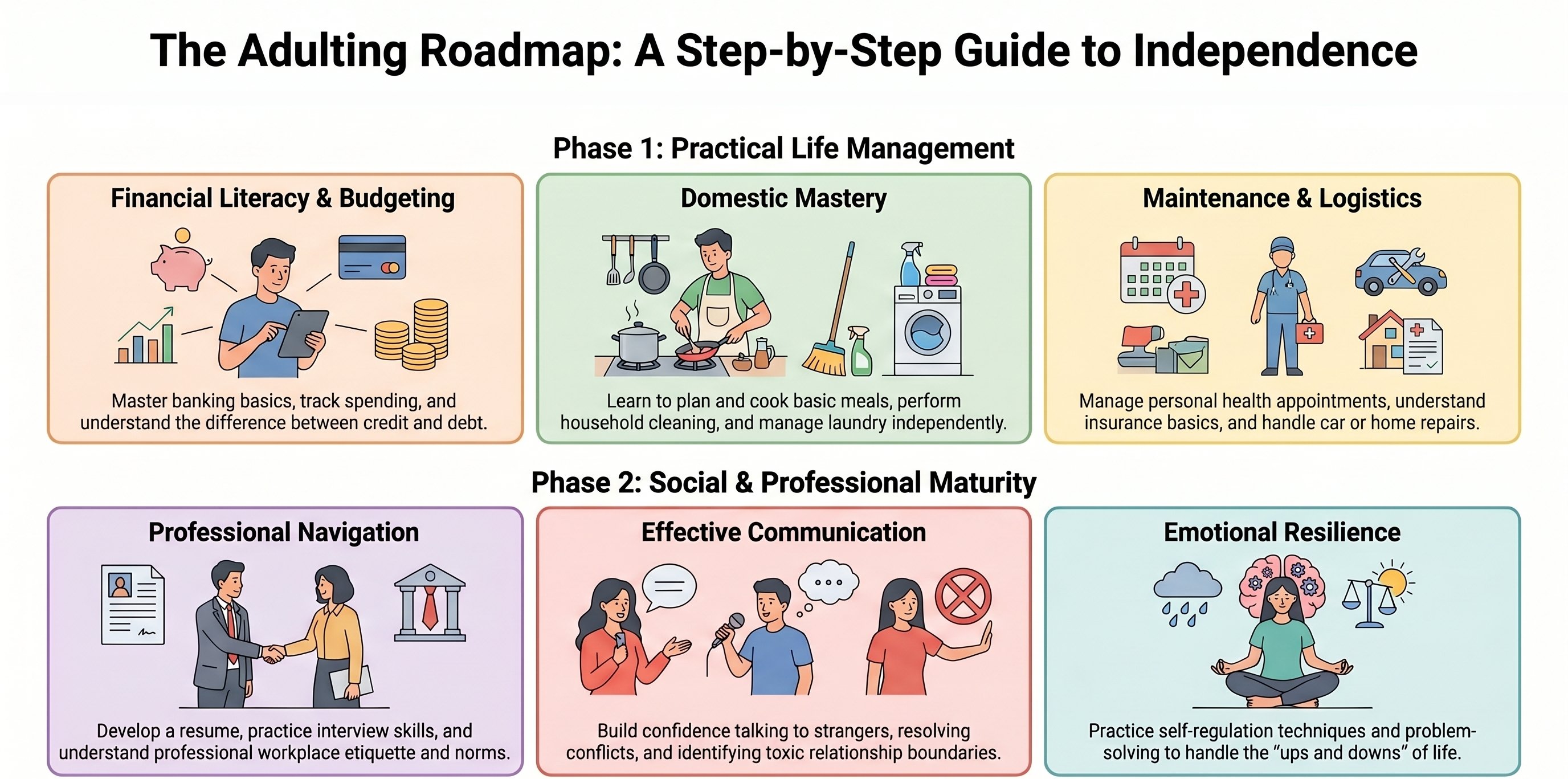 The Adulting Roadmap: A Step-by-Step Guide to Independence — Phase 1: Practical Life Management and Phase 2: Social and Professional Maturity