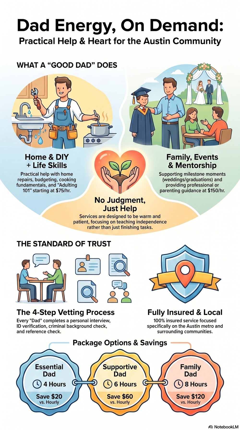 The Good Dad Co. — Dad Energy, On Demand: infographic showing services, packages, and the 4-step vetting process